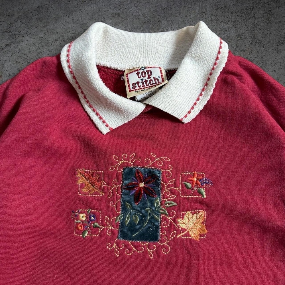 Vintage 2000's Morning Sun Birds Flowers Lace Collared Sweatshirt Cozy Cottage